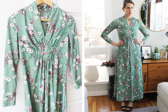 Vintage 1970s Green Floral Maxi Dress - image 1