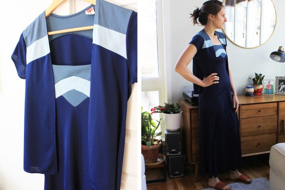 70s Navy Blue Spaghetti Strap Dress Set - image 1