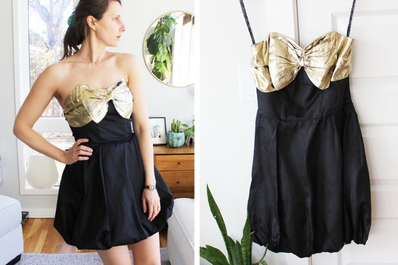 Vintage 1980s 90s Black & Gold Mini Party Dress w… - image 1