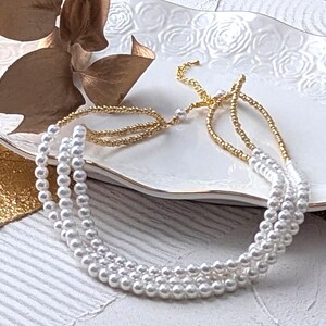 Pearl Necklace Gold Bead Wedding Jewelry Bridal Necklace Beaded Chain Bridesmaids Necklace 3 Strands