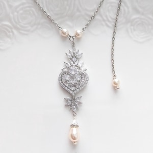 Crystal Bridal Necklace: Vintage Deco CZ Diamond & Pearl Pendant
