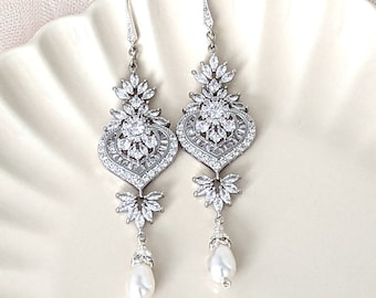 Crystal Chandelier Bridal Earrings, Wedding Jewelry for Brides, Simulated Diamond and Sterling Silver