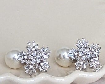 Pearl and Diamond Earrings, Art Deco Earrings Bride,  Boho Bridal Earrings