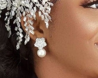 Pearl Diamond Earrings Wedding Pearl Earrings Big, Bridal Jewelry Set Snowflake Pearl Drop Earrings for Bride Boho