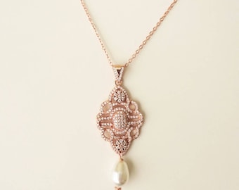 Rose Gold Wedding Necklace Bridal Pendant Micro Pave Cubic Zirconia Necklace Silver Gold Diamond Necklace Art Deco Swarovski Pearl