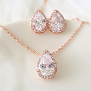 Rose Gold Bridal Jewelry Set: Teardrop Cubic Zirconium Necklace Earrings