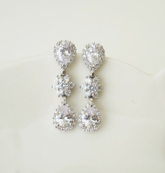 Wedding Earrings Drop Bridal Jewelry Crystal Bridal Earrings AAA Cubic Zirconia Fan shaped Marquise Chandelier Art Deco 1920s