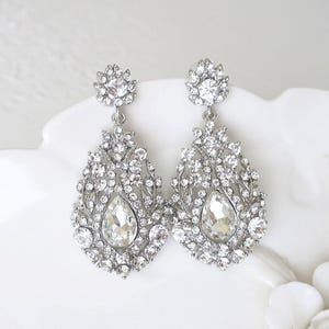 Boucles d&#39;oreilles de mariée Art déco en cristal : Gatsby glamour, lustre en strass argenté