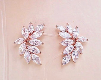 CZ Bridal Earrings Rose Gold Wedding Earrings Lab Diamond Marquise Studs