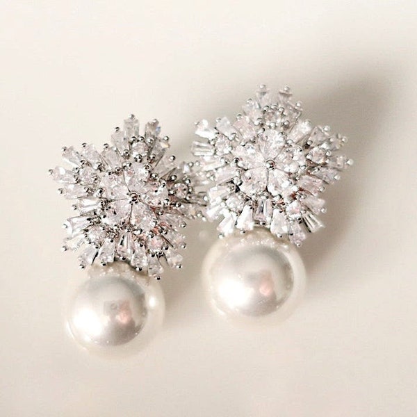 Pearl and Diamond Wedding Earrings, Art Deco Earrings Bride,  Boho Bridal Earrings