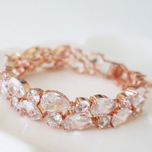 Crystal Bangle Bracelet Wedding Bracelet Rose Gold AAA Cubic Zircon Bridal Art Deco Style Cuff Size 6.5&quot;/ 7.5&quot; Old Hollywood Bride tear drop