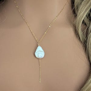 Dainty Drop Pearl Lariat Necklace Freshwater White Pearl Wedding Necklace Gold Filled Y Necklace Flat Baroque Pearl