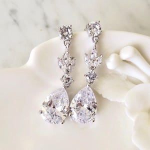 Crystal Bridal Earrings Drop Leaf Cubic Zirconia Wedding Earrings for Bride 1.5&quot; long