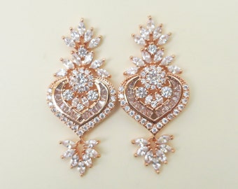 Rose Gold Earrings Bridal, Boho Bride Earrings, Rose Gold Leaf Earrings, Art Deco Earrings Bride