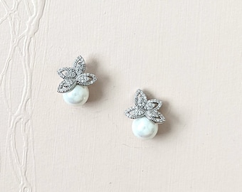 CZ Paved Studs Leaf Wedding Earrings Pearl and Diamond Bridal Earrings, Wedding Jewelry for Brides, Nickel Free