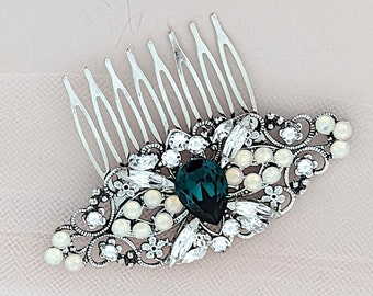 Art Deco Emerald Green Crystal Bridal Hair Comb: Vintage Wedding Headpiece