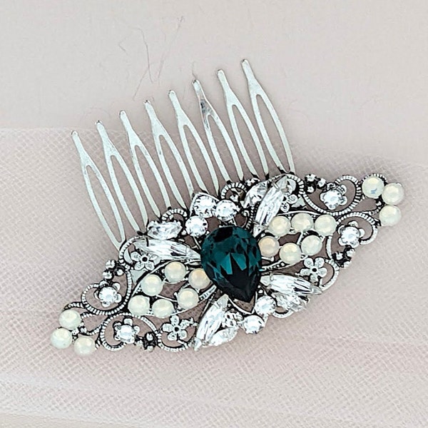 Art Deco Bridal Hair Comb Emerald Green and White Opal Crystal, Wedding Hair piece for Bride, Unique Vintage Style Headpiece
