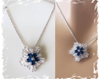 Crystal Bridal Necklace Vintage Inspired Blue Wedding Jewelry Snowflake Bridal Necklace High Quality Cubic Zirconia Blue Pendant MYRTLE