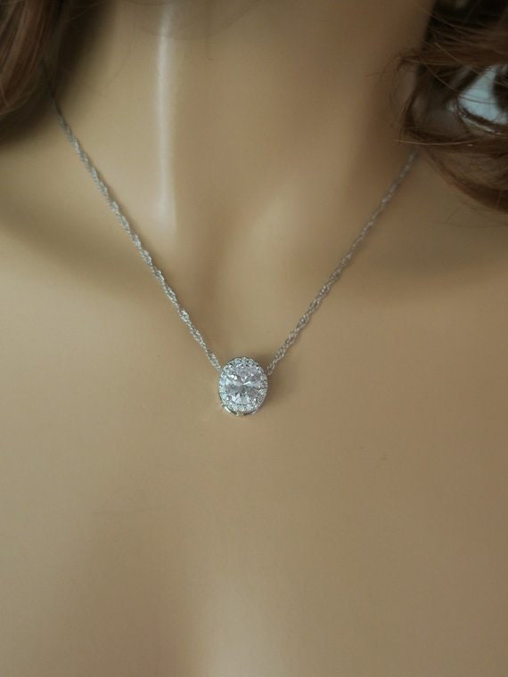 Classic Bridal Necklace, Cubic Zirconia Oval Diamond Wedding Necklace ...
