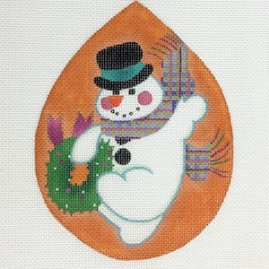 Snowman with Wreath on Orange Drop Hand Painted Needlepoint Canvas Design by DeDe