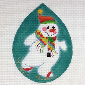 Snowman Ice Skating on Teal Drop Hand Painted Needlepoint Canvas Design by DeDe