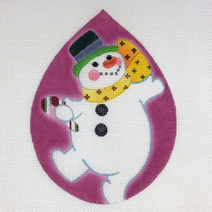 Snowman with Candy Cane on Pink Drop Hand Painted Needlepoint Canvas by DeDe