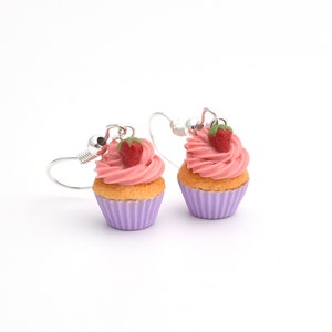 Miniature strawberry cupcake earrings purple liner  - Made to order