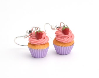 Miniature strawberry cupcake earrings purple liner  - Made to order