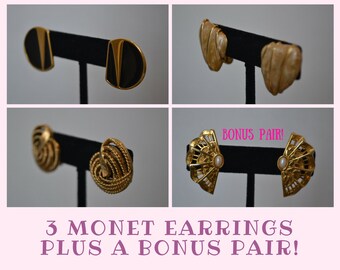 Lot of 3 MONET Clip On Earrings + BONUS PAIR/ gold tone