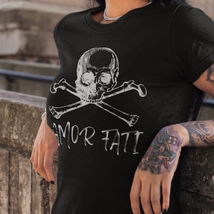 Amor Fati love of fate existentialist stoic stoicism cool design skull crossbones shirt design Unisex Heavy Cotton Tee