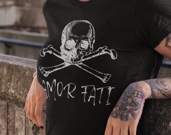 May include: Black t-shirt with a white skull and crossbones graphic and the text "AMOR FATI" underneath.