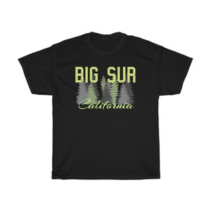 May include: Black t-shirt with a green and gray graphic of trees and the text "BIG SUR California" in yellow.