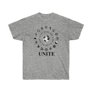 Las religiones del mundo unen toda la unidad religiosa mundial paz internacional budista musulmán cristiano hindú unisex ultra algodón tee