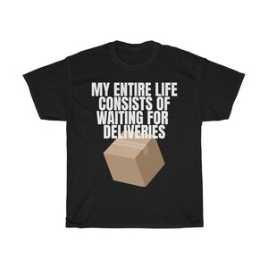 Minha vida inteira consiste em esperar entregas caixa de papelão engraçado meme camiseta unissex de algodão pesado