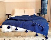 Blue moroccan throw blanket, Cotton Moroccan Pompom Blanket,bedroom blanket, moroccan pompom blanket, Tassel pom pom throw