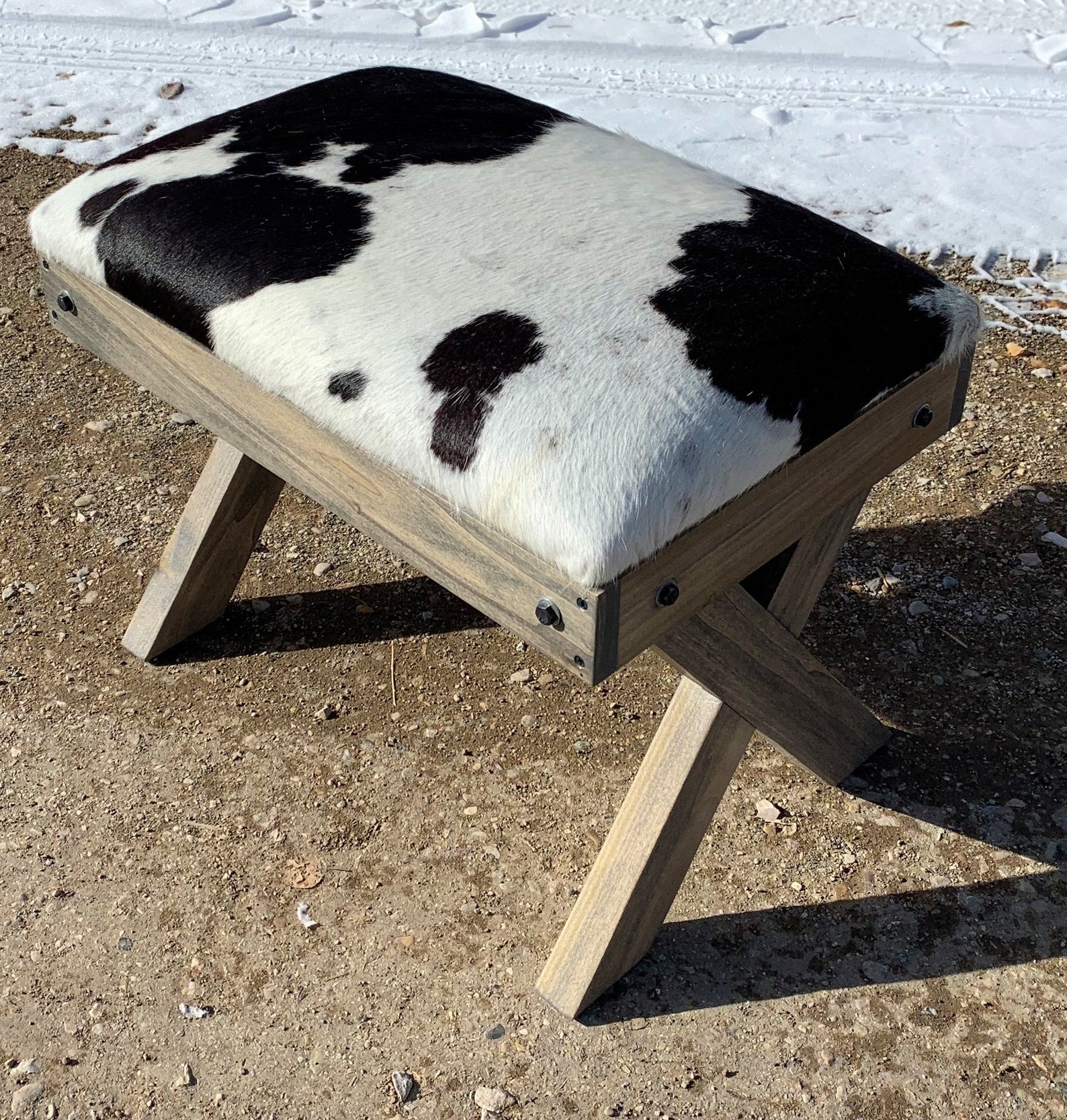 Cowhide X Bench, Hair on Hide, Stool, NEW Grey Stain Color, Tricolor
