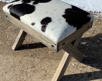 Cowhide X Bench, Hair on hide, Stool, NEW Grey Stain Color, Tri-Color hide, Ottoman, Bench
