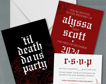 Gothic Wedding Invitation Suite Download, Wedding Invite Canva Template, Editable Canva Template - Wedding DIY, Canva DIY Gothic Black