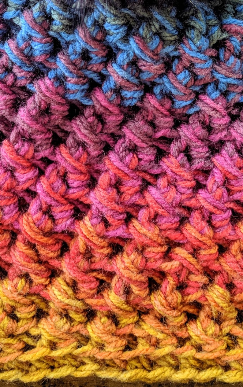 May include: Close-up of a crocheted fabric with a gradient of colors. The top section is blue and green, transitioning to shades of pink, orange, and yellow at the bottom. The texture is thick and textured, with visible stitches.