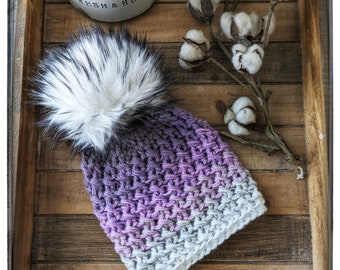 Purple and white hat | Purple Hat | Ombre Purple Hat | Purple Gray Hat | Extra large pompom | Black and White pompom | Purple Kid's Hat