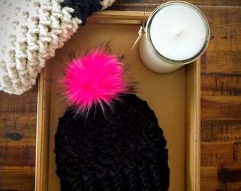 Pink and black hat | Women's black hat | Pompom hat | Women's pink hat | Bright pink | Black and pink | Hot pink | Women's hat | Fuchsia