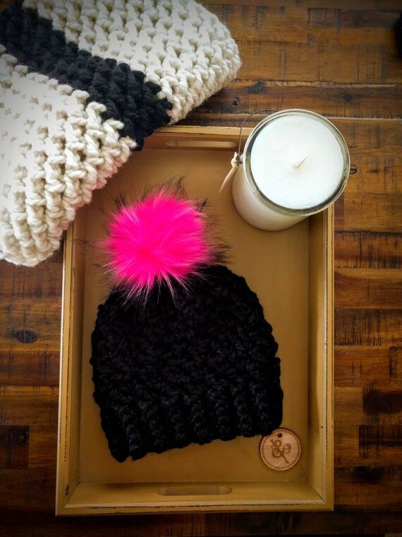 Pink And Black Hat Women S Black Hat Pompom Hat Etsy Pink And Black Hat Women S Black Hat Pompom Hat Etsy