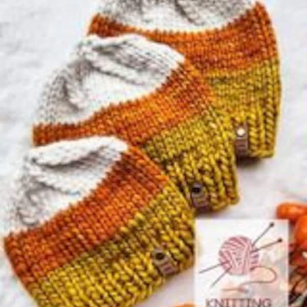 KNITTING PATTERN - Candy Corn Cutie Hat - How to Make, Instructions, Directions, Guide, Supplies, Handmade, Halloween Candy, Color Block