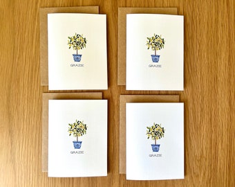 Italian Lemon Tree “Grazie” Thank You Notecards, Stationary, with envelopes