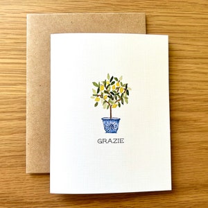 May include: A white card with a watercolor illustration of a potted lemon tree. The tree has green leaves and yellow lemons. The pot is blue and white. The card says "GRAZIE" in black text.