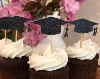Glitter Graduation Cap Cupcake Toppers - Customizable Colors - Set of 12