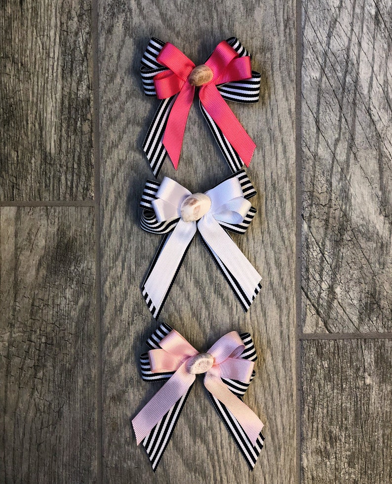 Navy and White Striped Ribbon with Pink or White Double Bow Seashell Hair Bow
