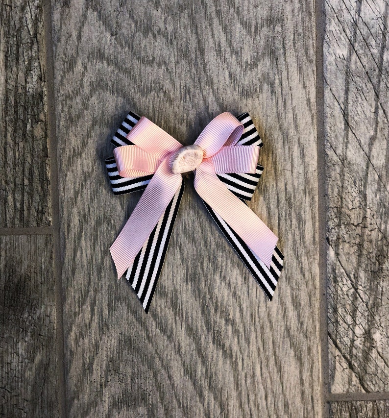 Navy and White Striped Ribbon with Pink or White Double Bow Seashell Hair Bow