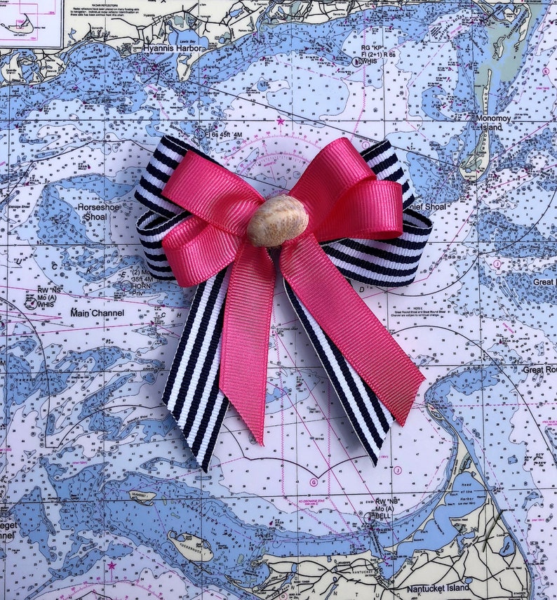 Navy and White Striped Ribbon with Pink or White Double Bow Seashell Hair Bow