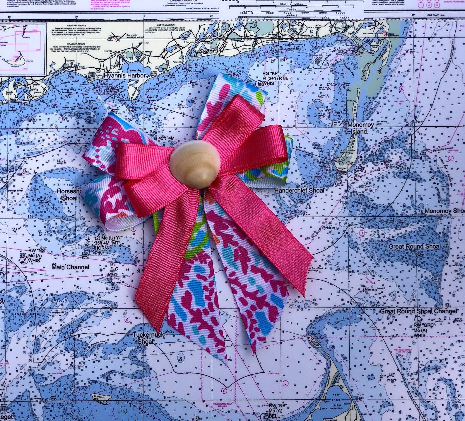 Coral Seashell Hair Bow With Pink or Aqua Accent Ribbon Etsy